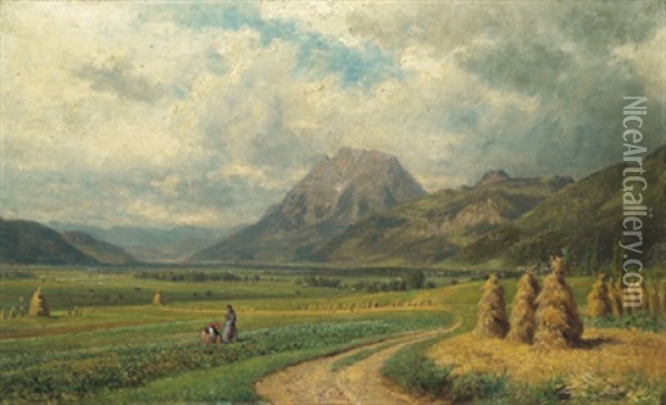 Zwei Frauen Am Feld Vor Weiter Landschaft Oil Painting - Gustav Seelos