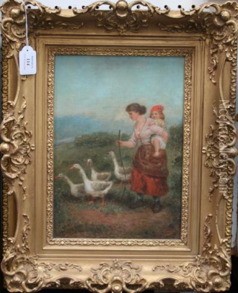 Mother And Child Beside Geese Oil Painting - Mark W. Langlois