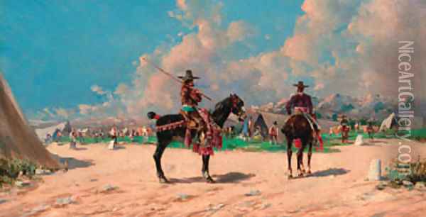 Spanish horsemen by an encampment Oil Painting - Baldomer Galofre Gimenez