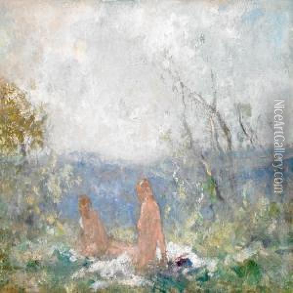 Mountainscenery With Two Girls Sunbathing Oil Painting - Frank Spenlove Spenlove