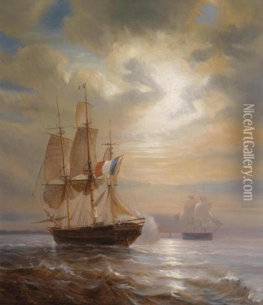 Sailing Ships At Dusk Oil Painting - Theodore Gudin