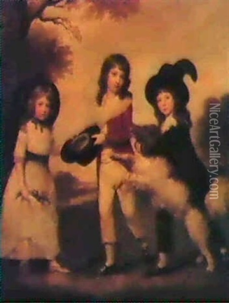 Three Children In A Landscape Oil Painting - Sir William Beechey
