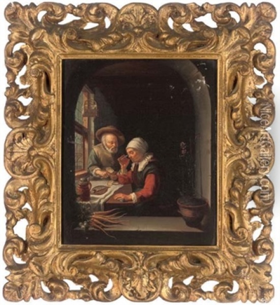 An Elderly Couple Eating And Drinking By A Casement Oil Painting - Frans van Mieris the Elder