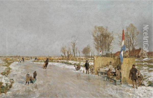 'ijsvreugde Op Holland's Vaarten' (winter Fun On A Dutch Canal) Oil Painting - Johann Hendrik Van Mastenbroek