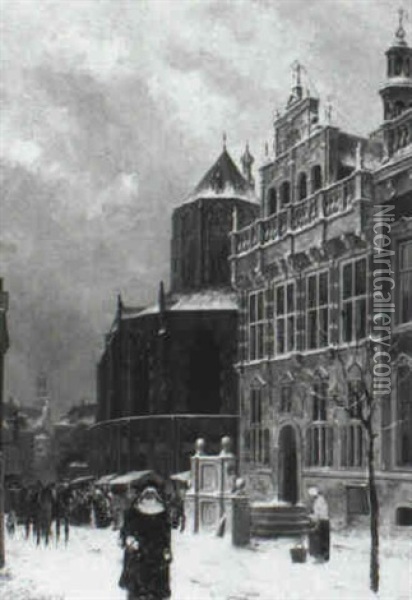 Gezicht Op Het Haagse Stadhuis Aan De Groenplaats Oil Painting - Willem de Haas-Hemken