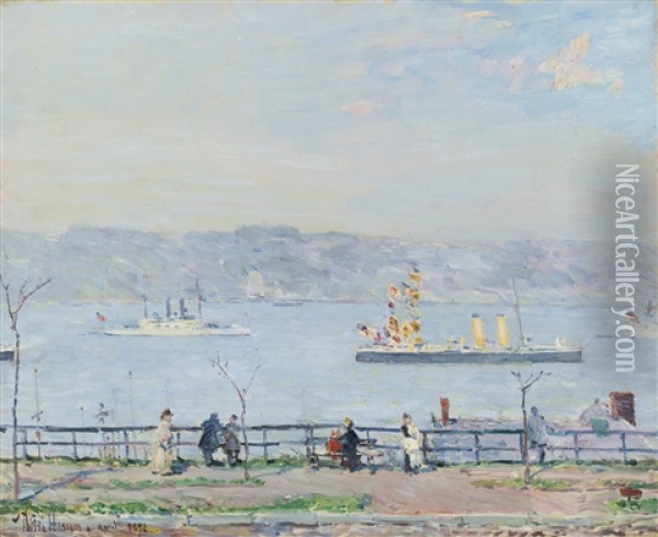 Men O'war: The Blake And The Boston Oil Painting - Childe Hassam