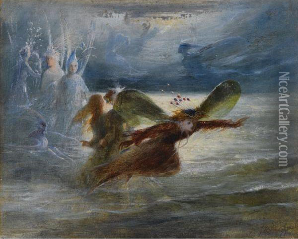 Sea-sprites In Flight Oil Painting - John Anster Fitzgerald