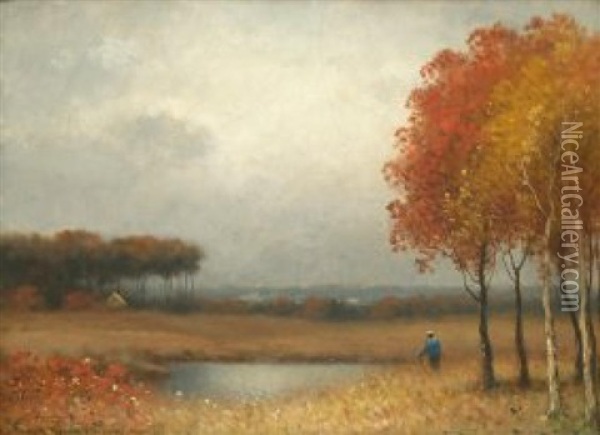 Hiker In A Fall Landscape Oil Painting - Frank Russell Green