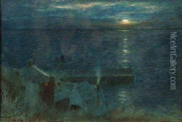 Moonrise Clovelly Oil Painting - Albert Goodwin