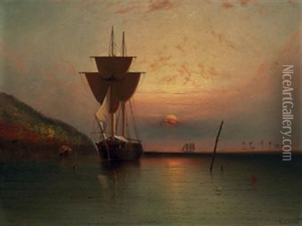 Ship In A Tropical Sunset Oil Painting - Elisha Taylor Baker