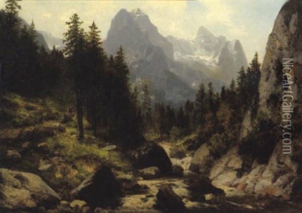 Blick Auf Wetterhorn Und Rosenlauigletscher Oil Painting - Josef Schoyerer