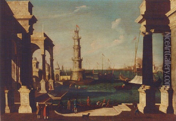 A Capriccio Of A Mediterranean Harbour With Figures On A Quayside Oil Painting - Joseph Heintz the Younger