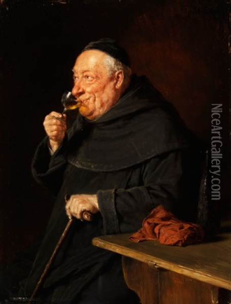 Benediktiner-monch Mit Wein Beim Fruhschoppen Oil Painting - Eduard von Gruetzner