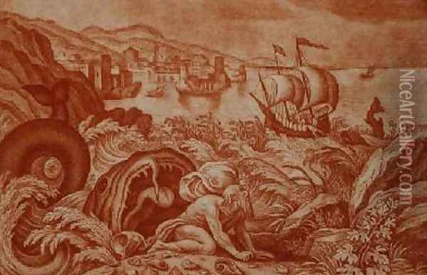 Jonah and the Whale illustration from a Bible Oil Painting - Matthaus, the Younger Merian