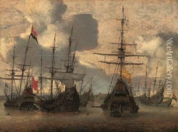 Dutch Men-o-war Anchored Off The Coast Oil Painting - Hendrik van Anthonissen