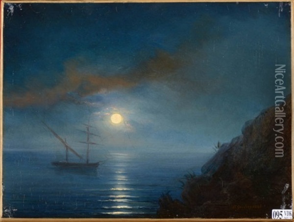 Clair De Lune Sur Un Bateau Ancre Dans Une Baie Oil Painting - Henriette Gudin