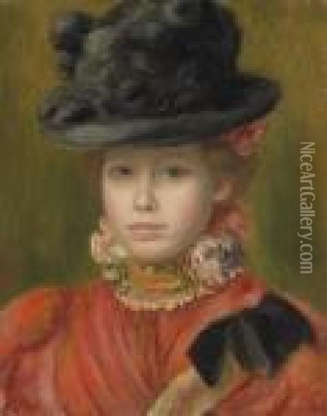Jeune Fille Au Chapeau Noir A Fleurs Rouges Oil Painting - Pierre Auguste Renoir