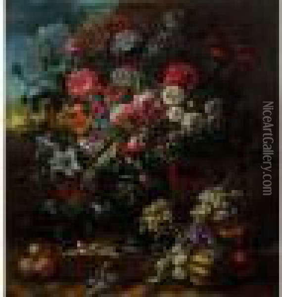Vase De Fleurs Et Fruits Disposes Sur Une Margelle Oil Painting - Gaspar-pieter The Younger Verbruggen