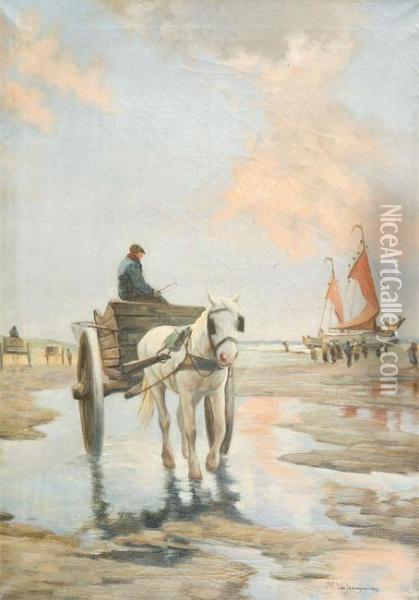 Shrimper At The Beach Oil Painting - Jef Louis Van Leemputten