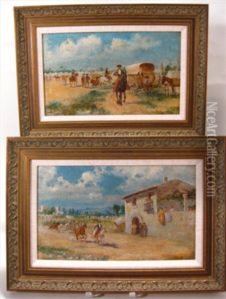 View Of Camp (+ Riding Through Outskirts Of Village; Pair) Oil Painting - Baldomero Galofre Gimenez