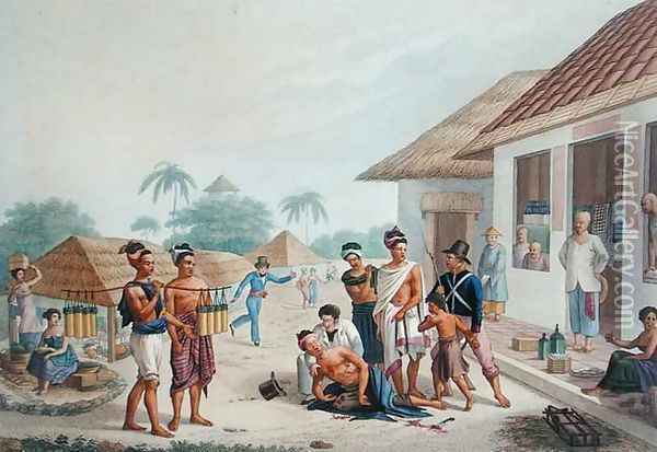 View of the Bazaar at Coupang, Timor, from Voyage Autour du Monde sur les Corvettes de LUranie 1817-20 engraved by Pomel, published 1825 Oil Painting - Alphonse Pellion