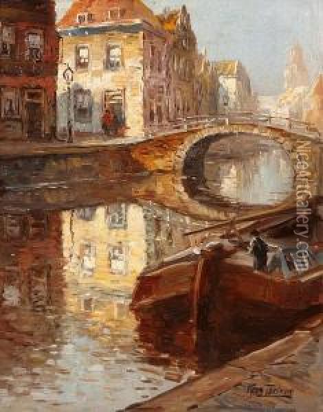 A View Of A Canal Oil Painting - Kees Terlouw