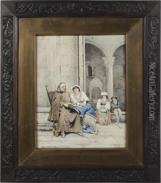 Monk Reading With A Woman And Children Oil Painting - Guerrino Guardabassi