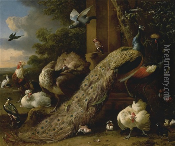A Peacock And Pea Hen With A Crane, Chickens And Other Birds In A Landscape Oil Painting - Melchior de Hondecoeter