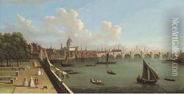 View across the Thames from Somerset House, with Blackfriars Bridge and St Paul's Cathedral Oil Painting - (Giovanni Antonio Canal) Canaletto