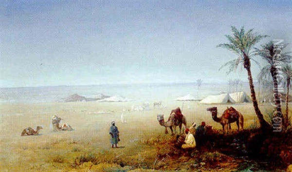 Arab Encampment In The Desert In Biskra, Southern Algeria Oil Painting - Paul H. Ellis