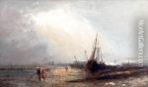 Shore Scene With Beached Fishing Boats Andfigures Oil Painting - Alfred Pollentine