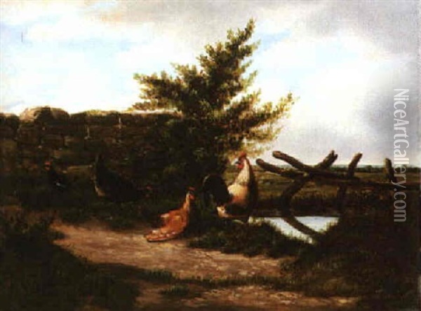 Roosters By A Pond Oil Painting - Cornelis van Leemputten