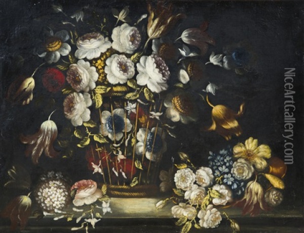Corbeille De Fleurs Sur Un Entablement Oil Painting - Juan De Arellano