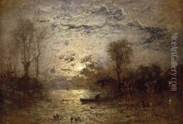 Mondnacht An Fluss Oil Painting - Louis Douzette