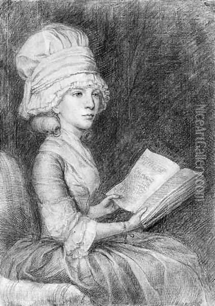 Portrait study of Mrs Matthew, seated, three-quarter-length, wearing a cap, reading a book Oil Painting - John Flaxman