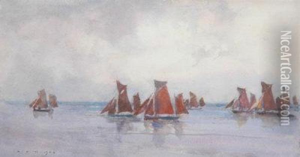 The Falmouth Oyster Fleet. Oil Painting - Henry Scott Tuke