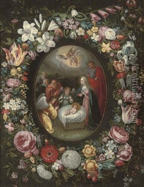 The Adoration Of The Shepherds Surrounded By A Garland Of Roses, Parrot Tulips, Lilies, Irises, Carnations And Other Flowers Oil Painting - Frans Francken III