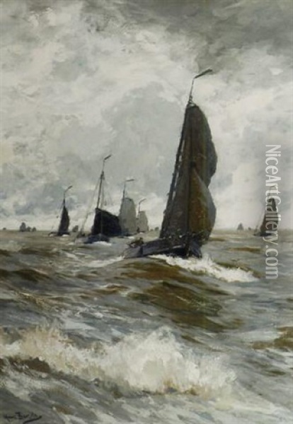 A Fishing Fleet In A Stiff Breeze On Teh Zuiderzee Oil Painting - Hans Von Bartels