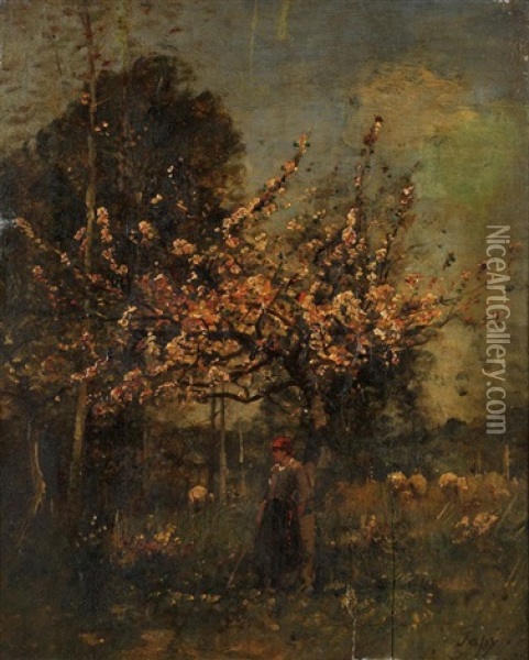 Bergere Sous Un Pommier En Fleurs Oil Painting - Louis Aime Japy