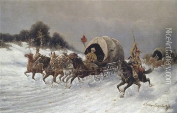 Uberfall Der Karawane Im Schnee Oil Painting - Adolf (Constantin) Baumgartner-Stoiloff