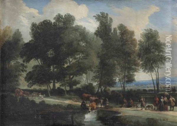 A View Of 'foret De Soignes' With A Cow Herder Watering His Cattle, A Huntsman And Other Travellers On A Sandy Path Oil Painting - Lodewijk De Vadder