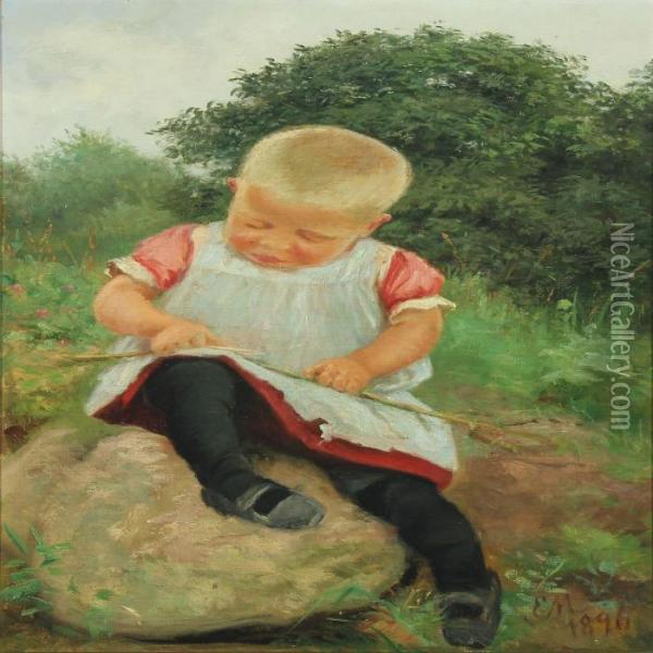 Little Girl Playing With A Stick Oil Painting - Emilie Mundt