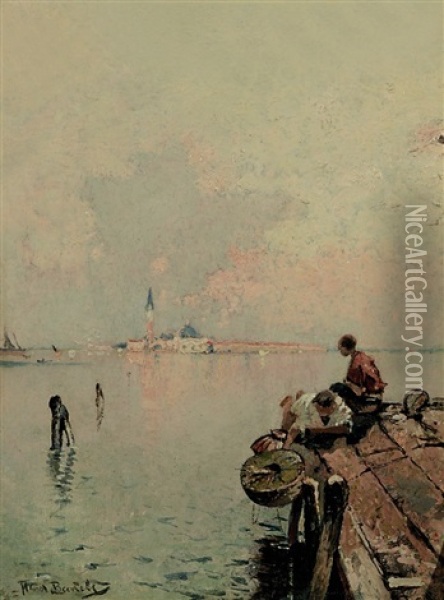 Fischerjungen Auf Einem Holzsteg Vor Venedig Oil Painting - Hans Von Bartels