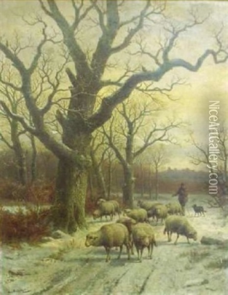 Sheep On A Snowy Path Oil Painting - Cornelis van Leemputten