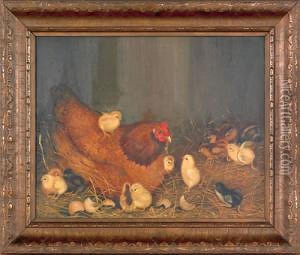 A Hen And Thirteen Chicks Oil Painting - Ben Austrian