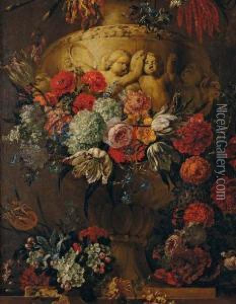 Bouquet De Fleurs Sur Un Entablement Oil Painting - Caspar Pieter I Verbrugghen