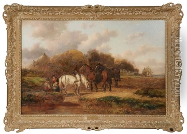 Resting The Horses While Haying Oil Painting - Alexis de Leeuw