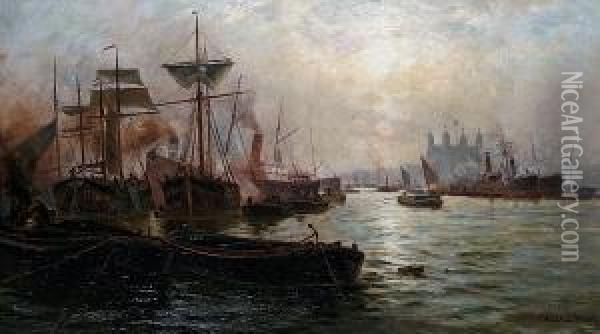 Shipping On The Thames, With The Tower Beyond Oil Painting - Charles John de Lacy