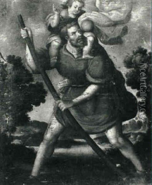 St. Christopher And The Christ Child Oil Painting - Melchor Perez de Holguin