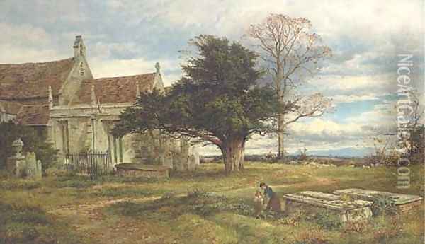 An English Country churchyard Autumn Oil Painting - Benjamin Williams Leader